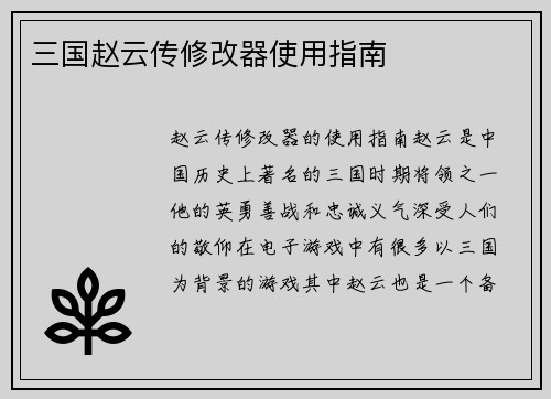 三国赵云传修改器使用指南