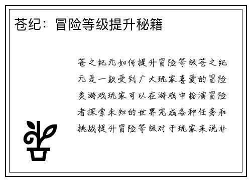 苍纪：冒险等级提升秘籍